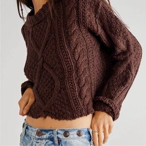 Free People Chocolate Brown Cropped Cable Knit Crew Sweater